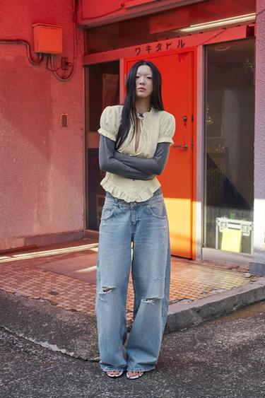 TRF ダブルウエスト ミッドライズストレートデニムパンツ空色ZaraのTRF ダブルウエスト ミッドライズストレートデニムパンツ - 空色 