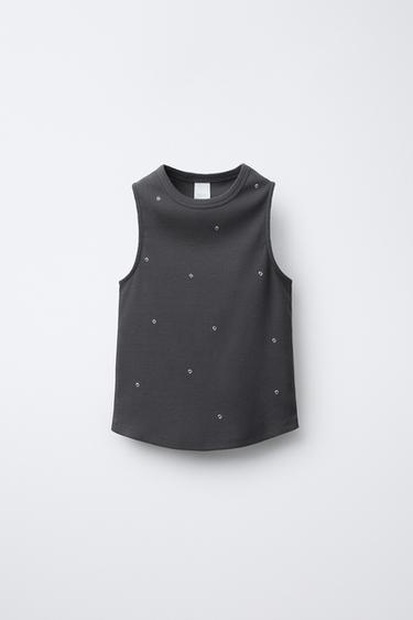 Zara STUDDED T-SHIRT - Anthracite grey