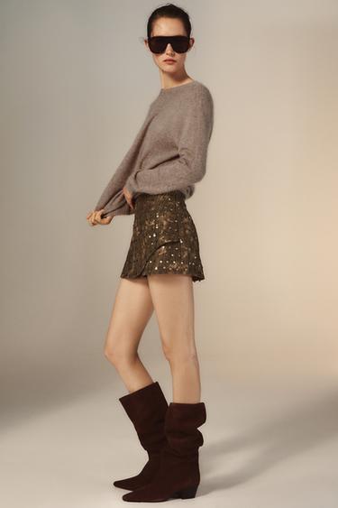 Zara SEQUIN WRAP SKORT - dark khaki