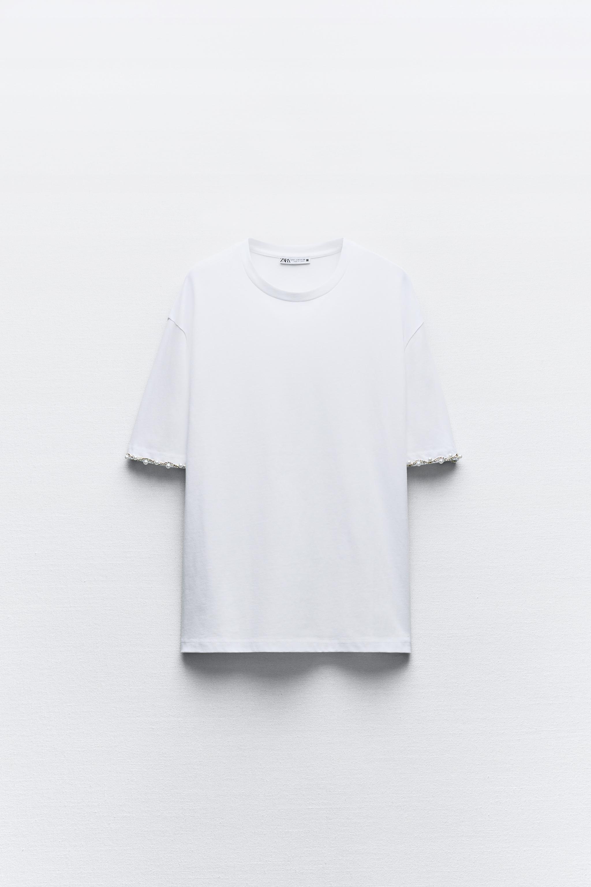 ラインストーンカフスTシャツ - ホワイト | ZARA Japan / 日本