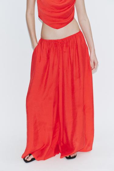 Zara DRAWSTRING PALAZZO PANTS - Red / Coral