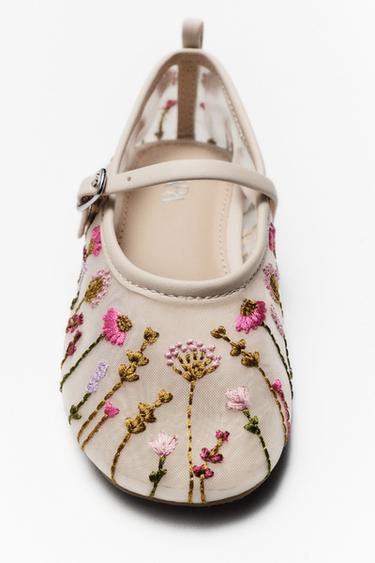 Zara 刺繡芭蕾平底鞋 - 粉紅色