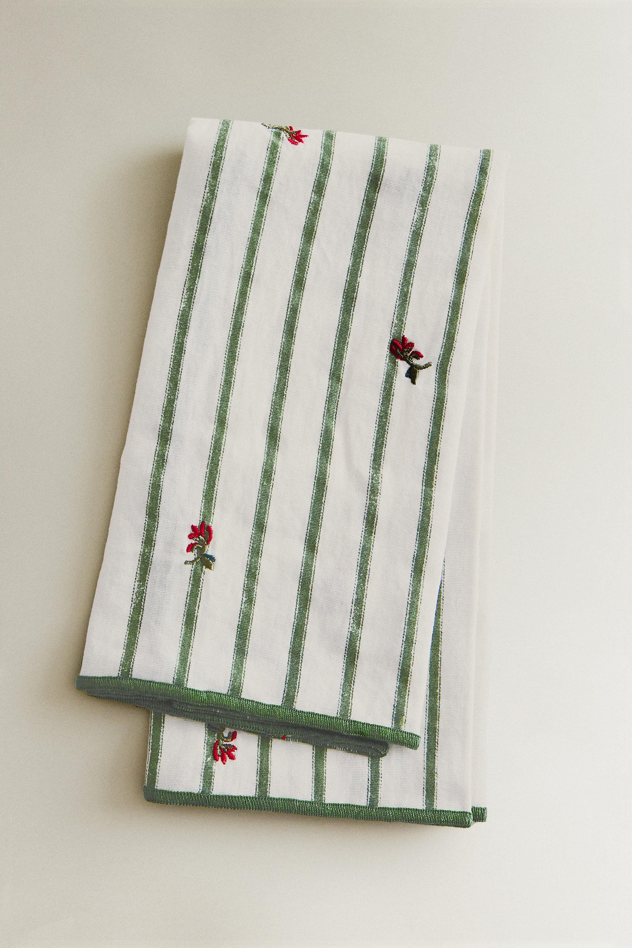 STRIPED EMBROIDERED FLORAL NAPKINS (SET OF 2) — Green