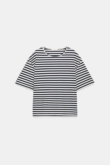 SHORT SLEEVE STRIPED T-SHIRT - Ecru / Navy by Zara