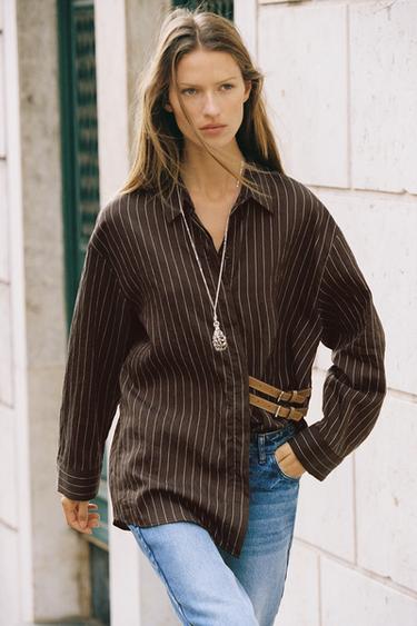 Zara 條紋搭扣襯衫 - 棕色 / 裸色