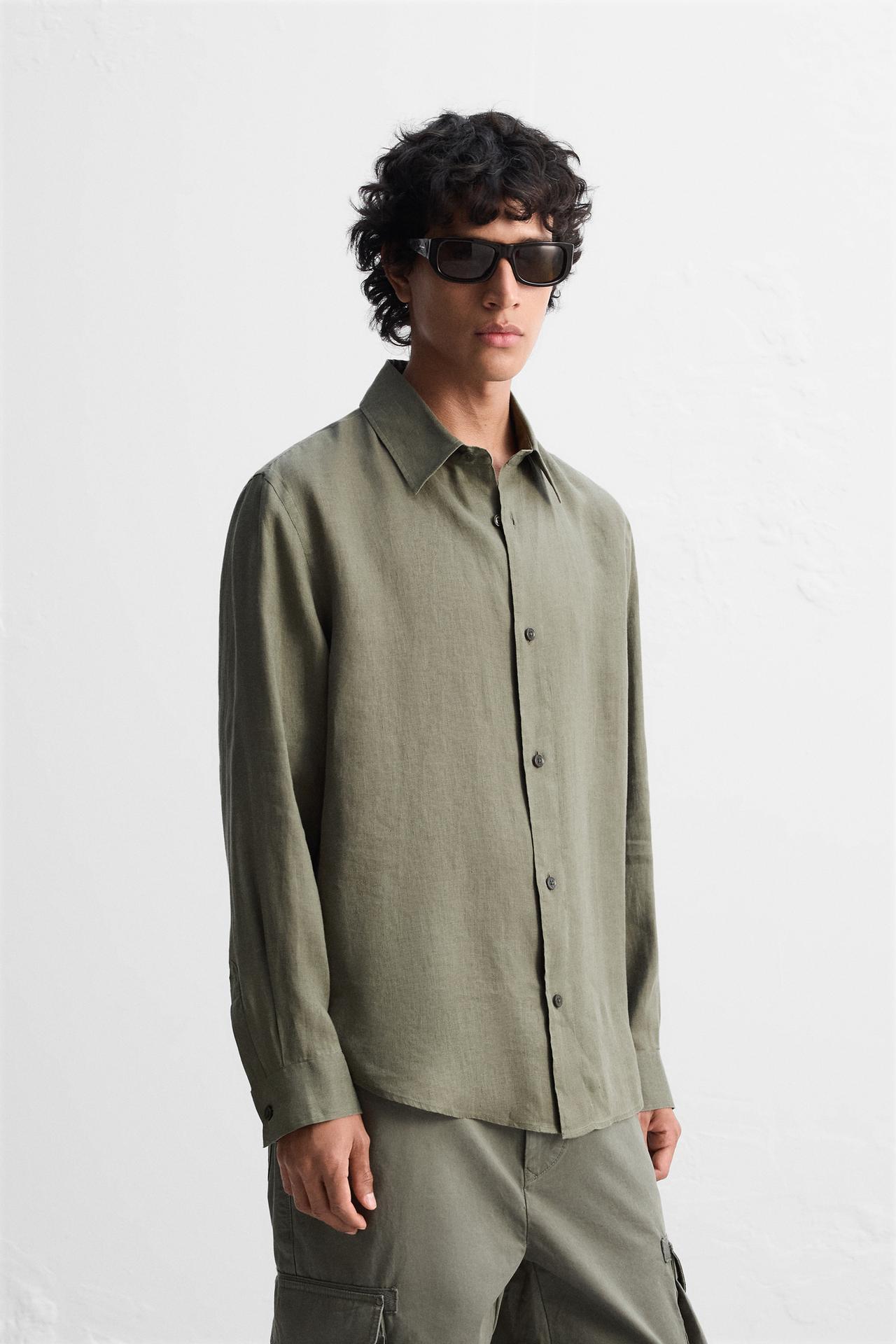Zara 100% HEMP SHIRT - Dark khaki