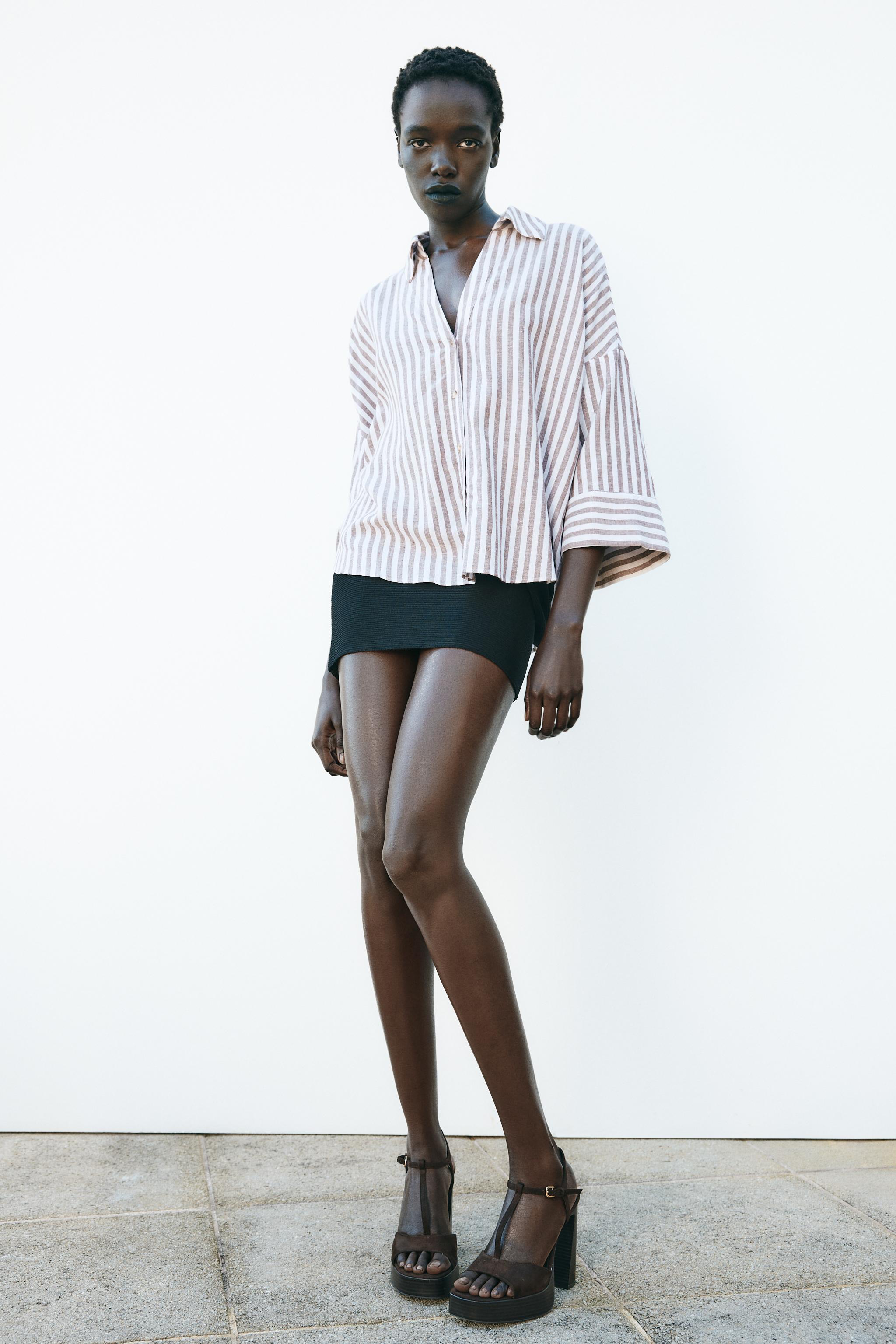 WIDE SLEEVE LINEN SHIRT - Brown / White | ZARA United States WIDE SLEEVE LINEN SHIRT - Brown / White | ZARA United States