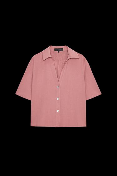 Zara SHORT SLEEVE WRINKLED EFFECT SHIRT - MARSALA - Image 0
