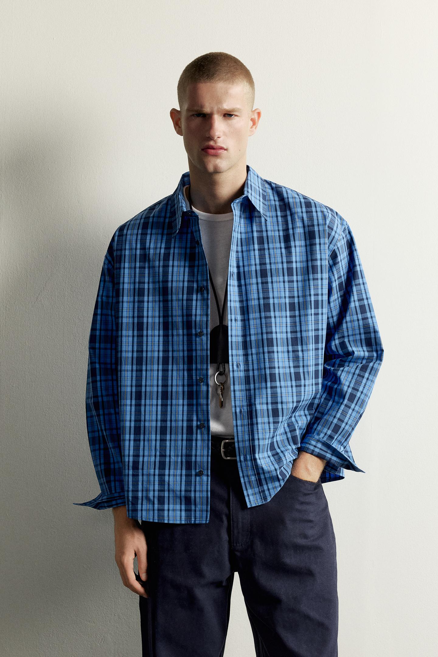 Мужская рубашка Zara Relaxed Fit Plaid, цвет: Голубоватый — фото 2