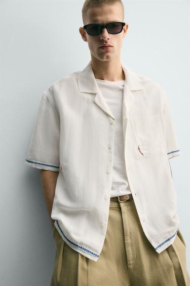 CHEMISE EN VISCOSE ET LIN AVEC BRODERIES EN CONTRASTE - Blanc de Zara - Image 4