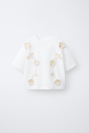 Zaras T-SHIRT MED BLOMMOR I VIRKAD SPETS - Vit - Bild 0