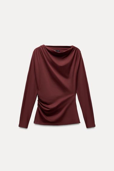 ASYMMETRIC DRAPED T-SHIRT - Burgundy by Zara