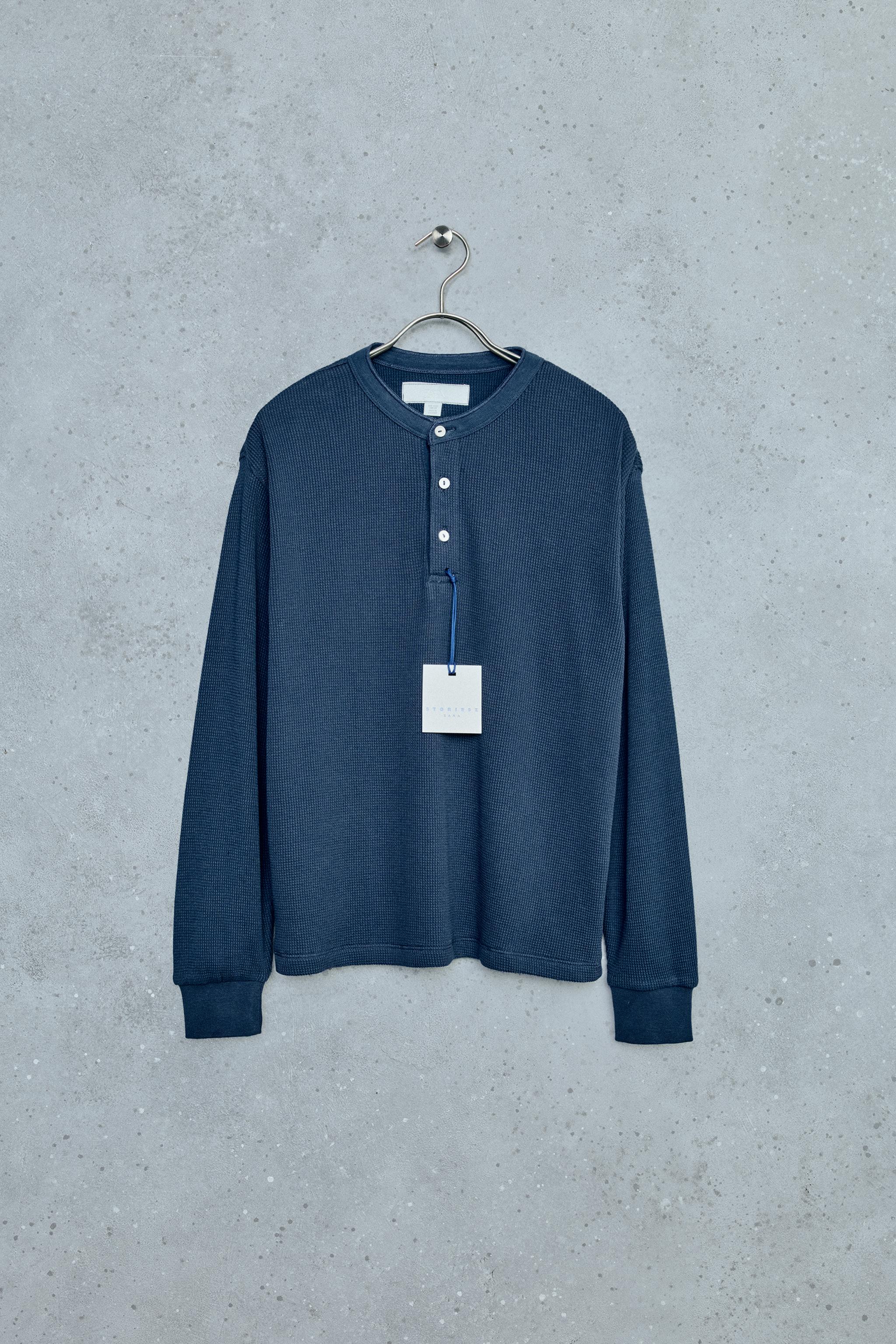 STORIESZ - WAFFLE KNIT HENLEY T-SHIRT — Navy blue