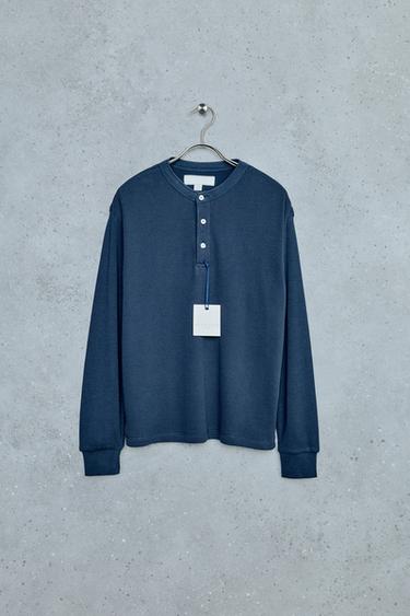 STORIESZ - WAFFLE-KNIT HENLEY T-SHIRT — Navy blue 1