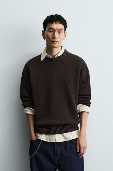 Zara COTTON TEXTURE SWEATER - Chocolate