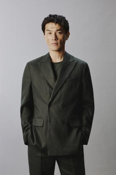 Zara 100% 亞麻雙排扣西裝外套 - 卡其色