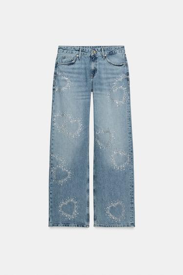 TRF WIDE-LEG LOW-RISE RHINESTONE JEANS - Blue by Zara