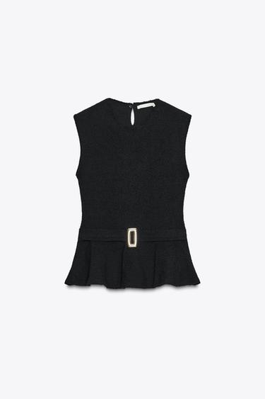 Zara BOUCLÉ BUCKLE PEPLUM TOP - Black