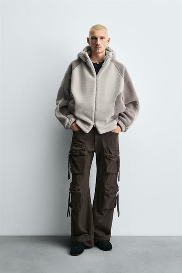 Zara COLOR BLOCK FLEECE EFFECT JACKET - Oyster-white