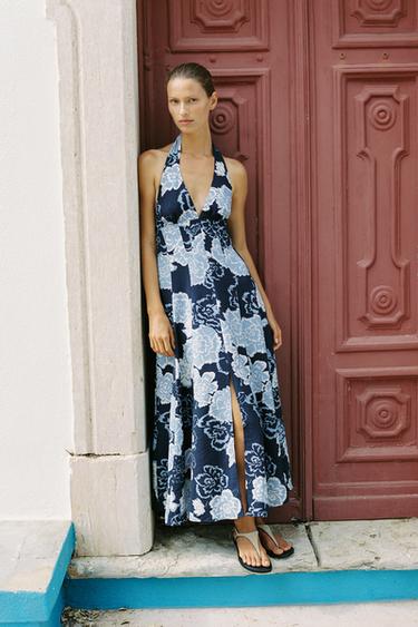 MIDI-HALTERJURK MET BLOEMENPRINT - Marineblauw / Wit van Zara