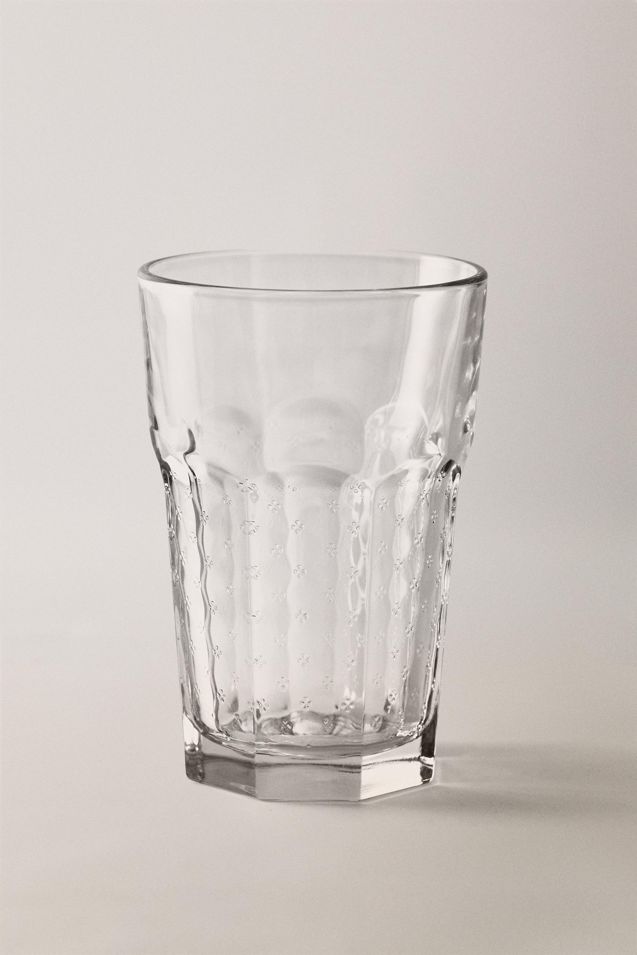 RAISED FLORAL DESIGN GLASS TUMBLER — Transparent