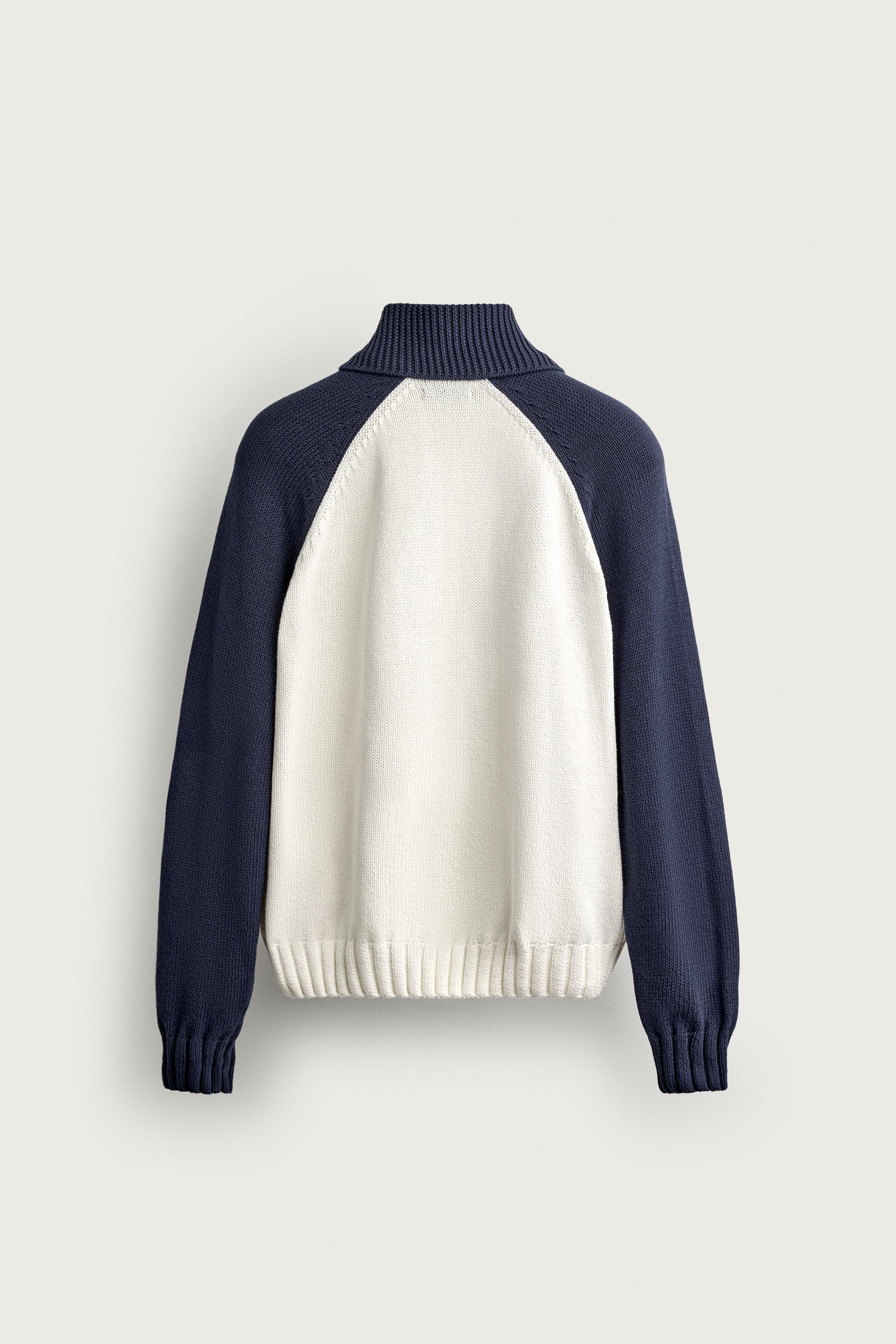 COLOR BLOCK RELAXED FIT CARDIGAN — Ecru / Navy (alternate view)