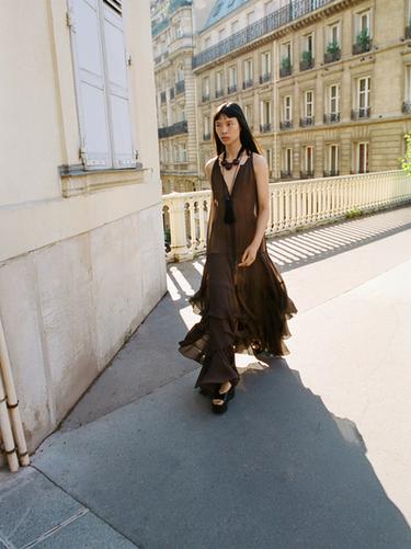 Zara Long flowing dress with ruffles - Chocolate - Image 0