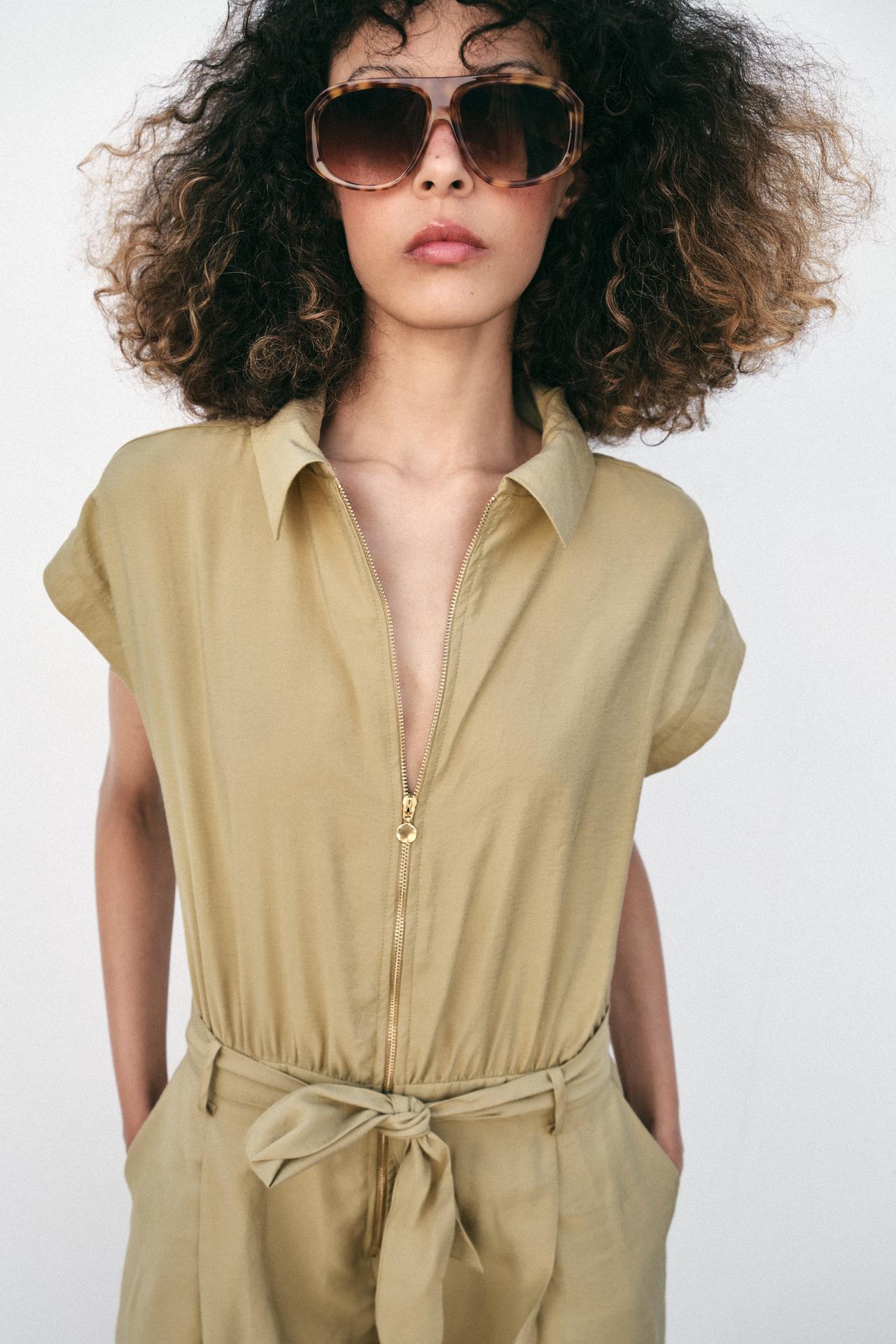 Belted Zip-Front Jumpsuit — Khaki