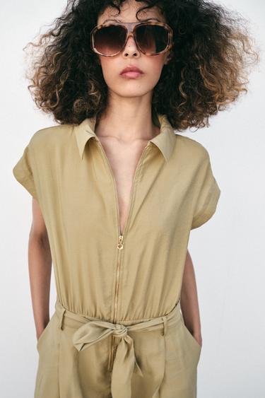 Belted Zip-Front Jumpsuit — Khaki 2