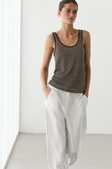 Zara Striped strappy linen top - Brown