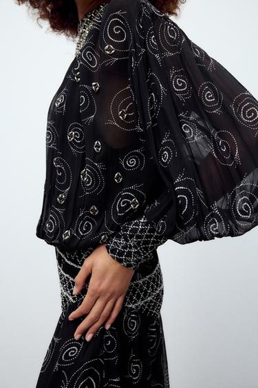 VESTIDO ESTAMPADO BORDADO ABALORIOS ZW COLLECTION - Negro de Zara