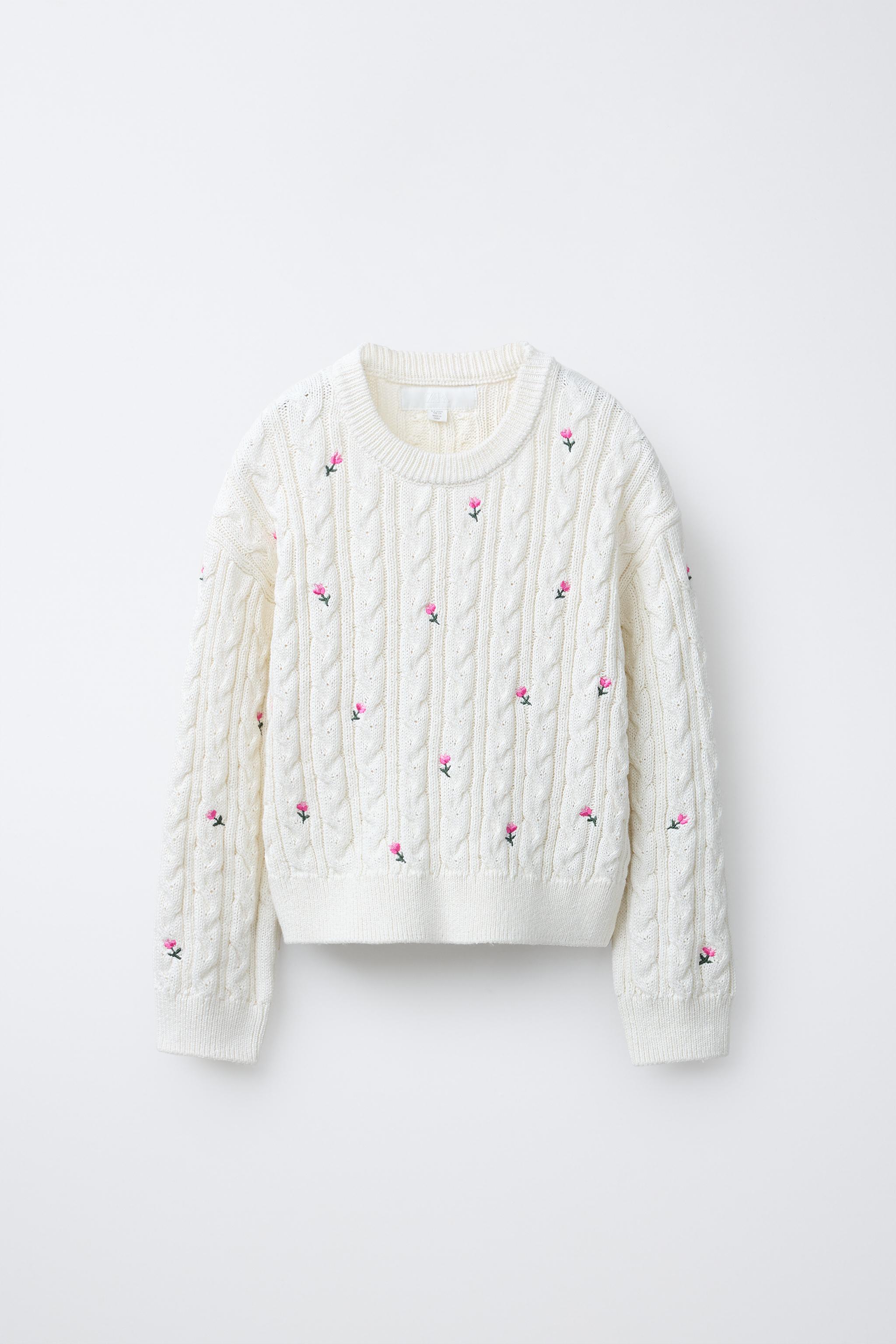 CABLE KNIT SWEATER WITH EMBROIDERED FLOWERS - Ecru | ZARA United