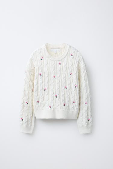 CABLE-KNIT JUMPER WITH EMBROIDERED FLOWERS - Ecru by Zara
