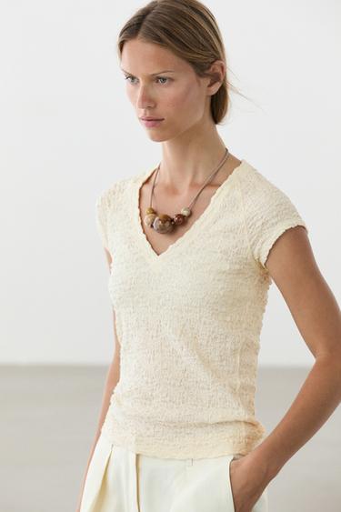 Zara Textured V-neck T-shirt - Ecru