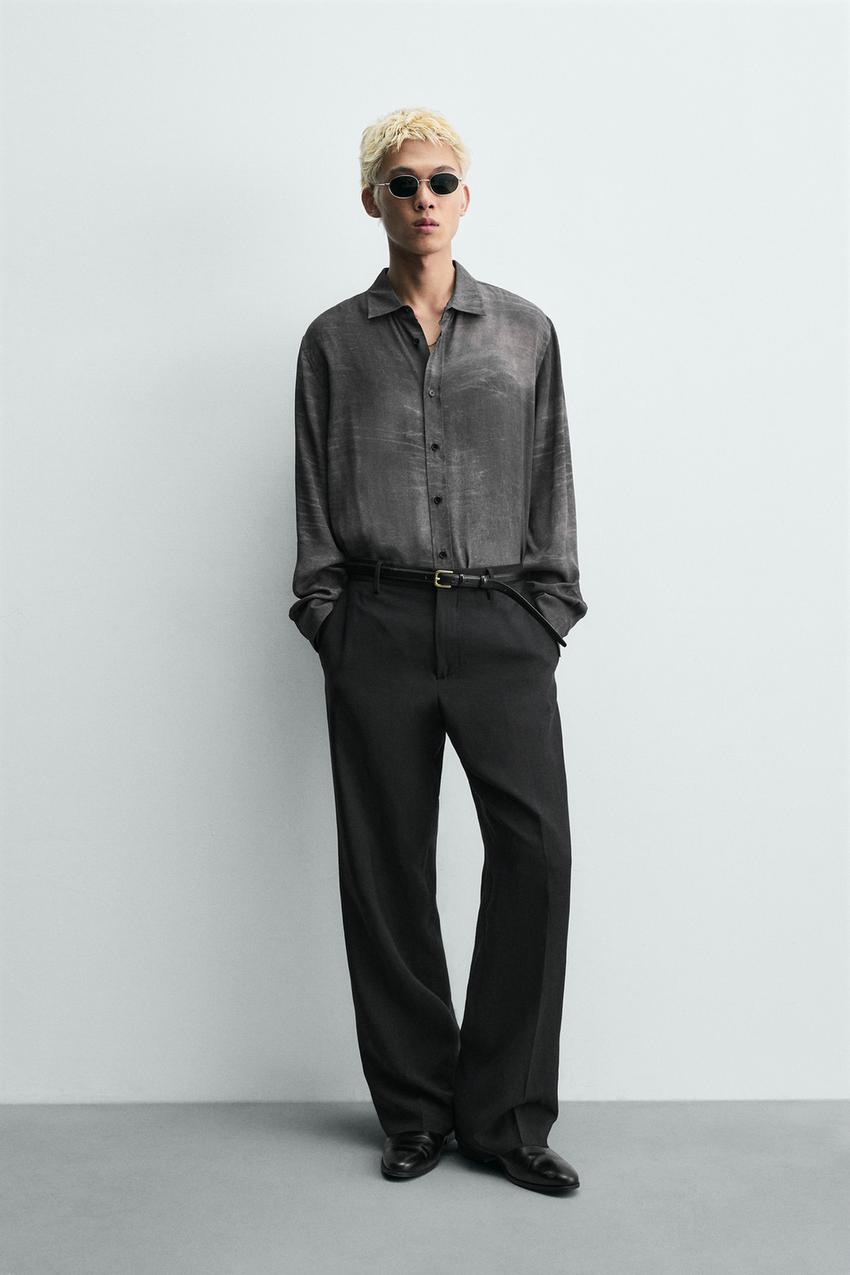 Zara - Fluid Washed Effect Print Shirt - Gray - Xl - Man