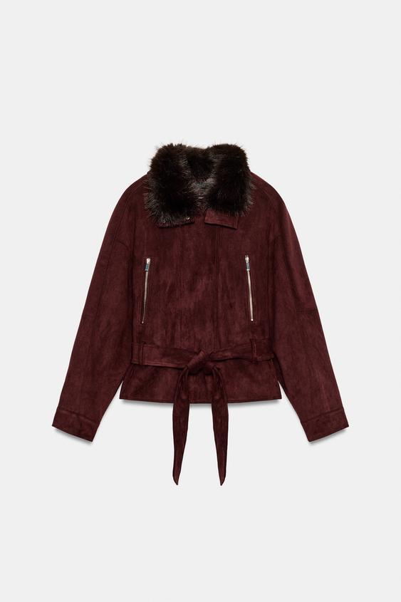 BLOUSON CEINTURE COL EFFET FOURRURE - Aubergine de Zara - Image 6