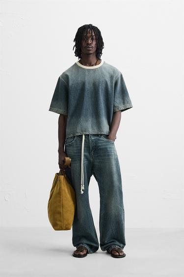 Zara CROPPED FIT DENIM T-SHIRT - Mid-blue - Image 0