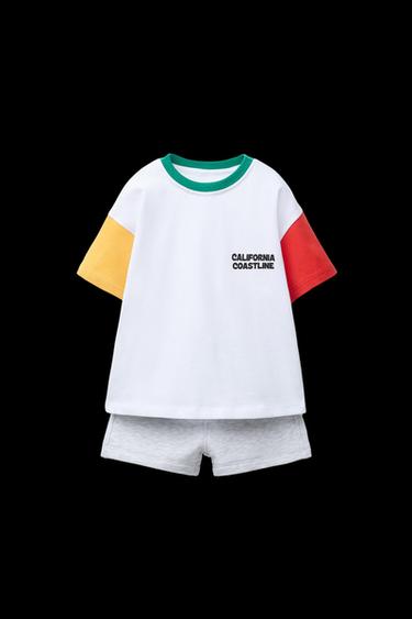 Zara TEXT T-SHIRT AND HEATHERED BERMUDA JOGGING SET - Gray marl - Image 0