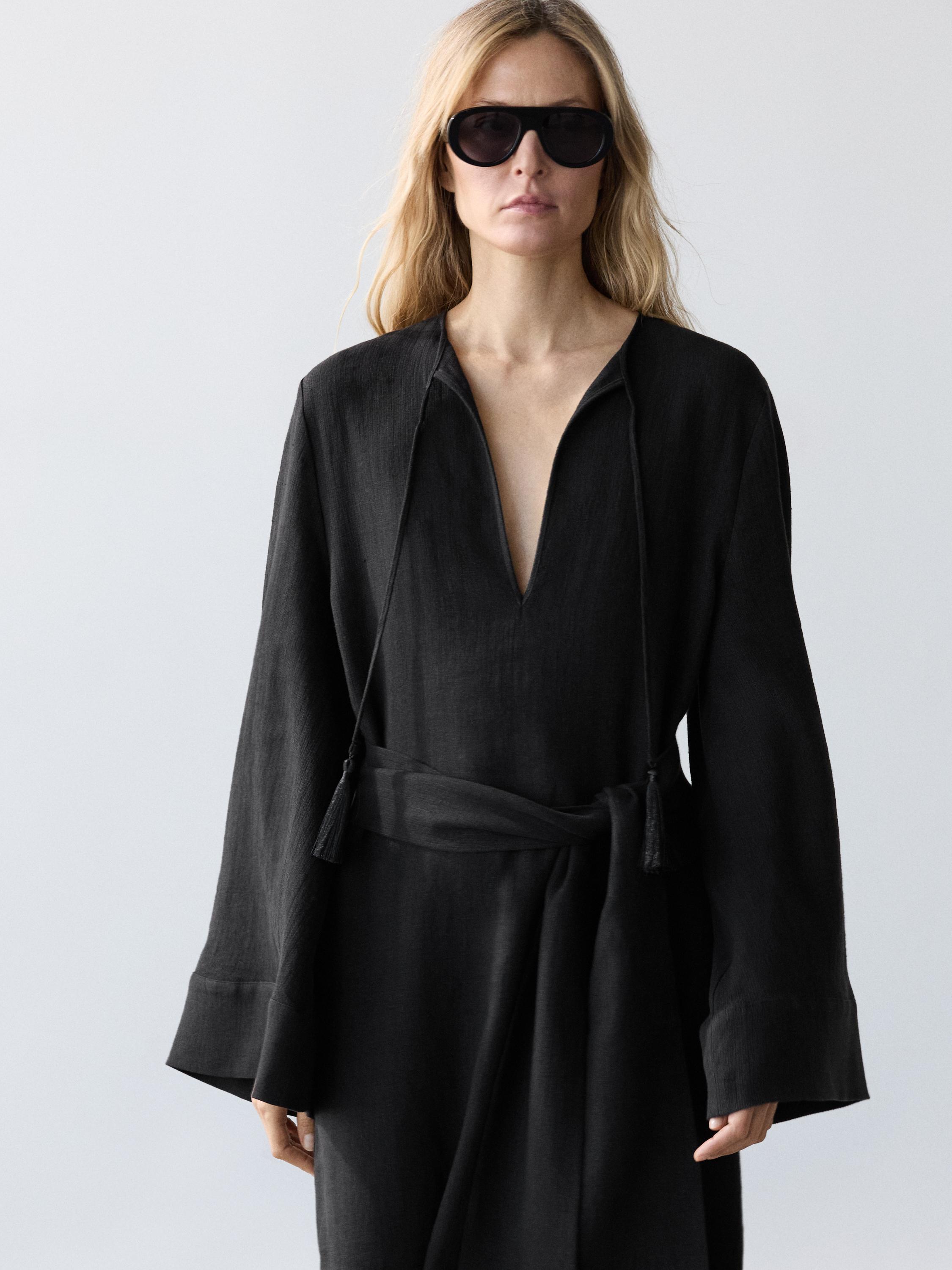 100% linen midi dress with tie detail