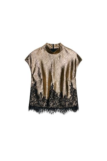 TOP EFECTO METALIZADO ENCAJE - Negro oro de Zara