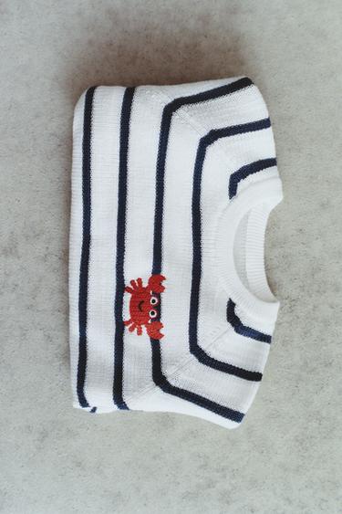 PULL EN MAILLE PERLÉE RAYURES CRABE BRODÉ - Écru / Bleu de Zara