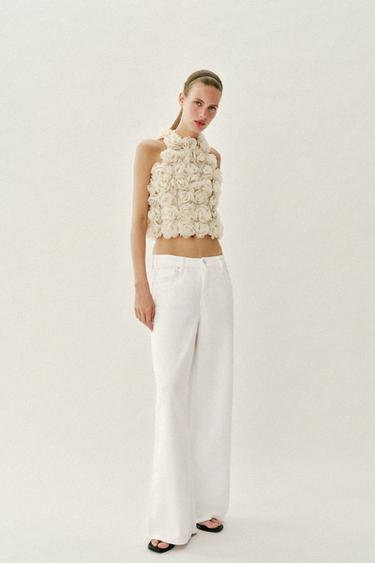 FLORAL TEXTURED KNIT HALTER TOP - Beige by Zara