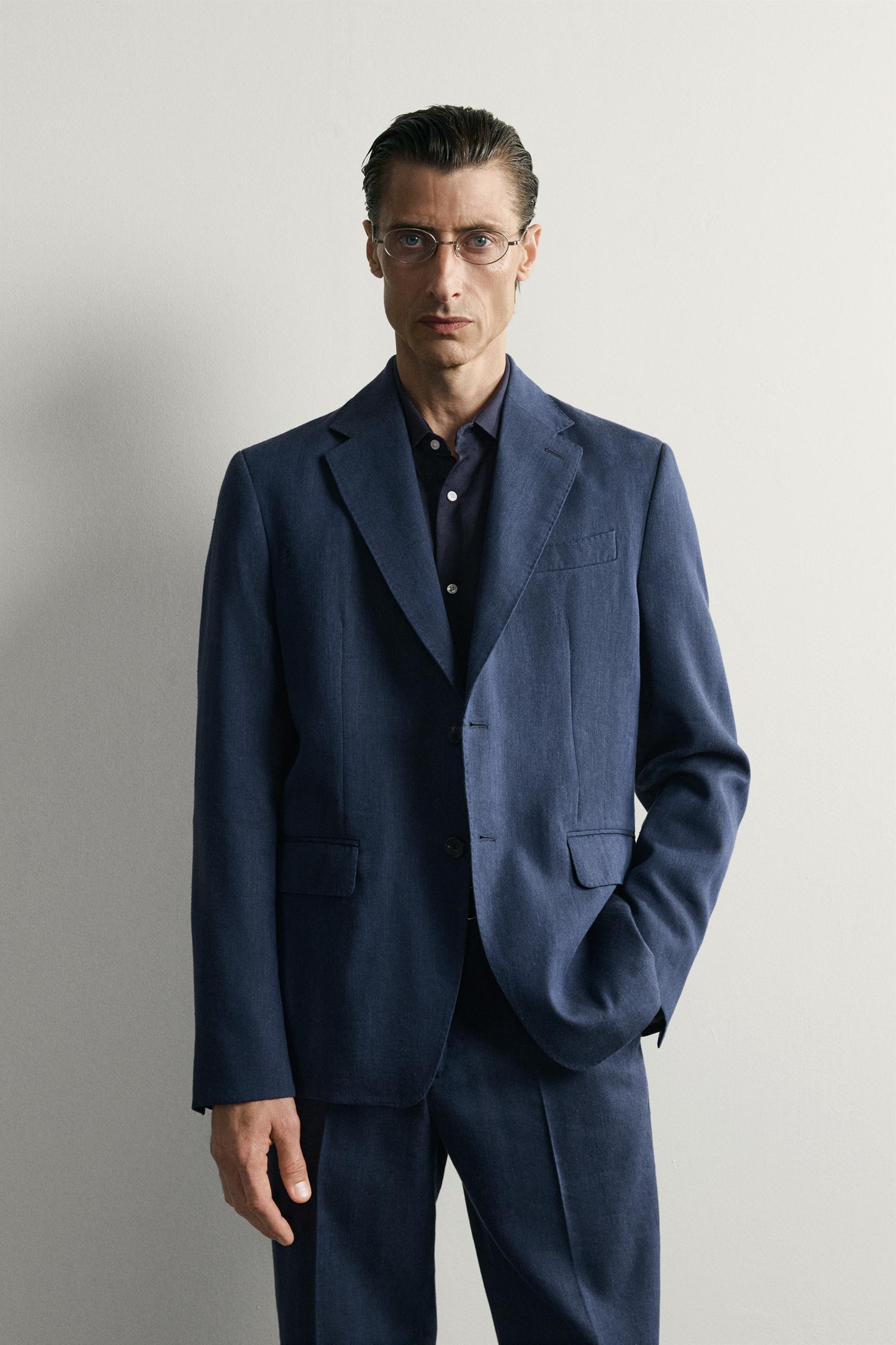 リネン＆ウール レギュラーフィットスーツブレザー - ブルー | ZARA