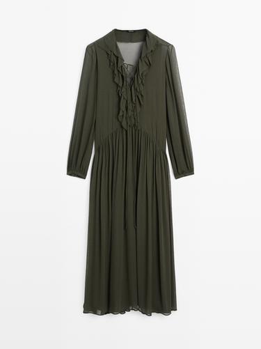 Zara Long flowing dress with ruffle detail - Dark green