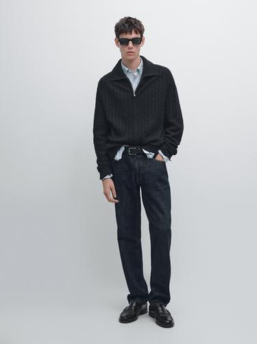 Zara 100% wool cable-knit zip-up cardigan - Navy blue - Image 0