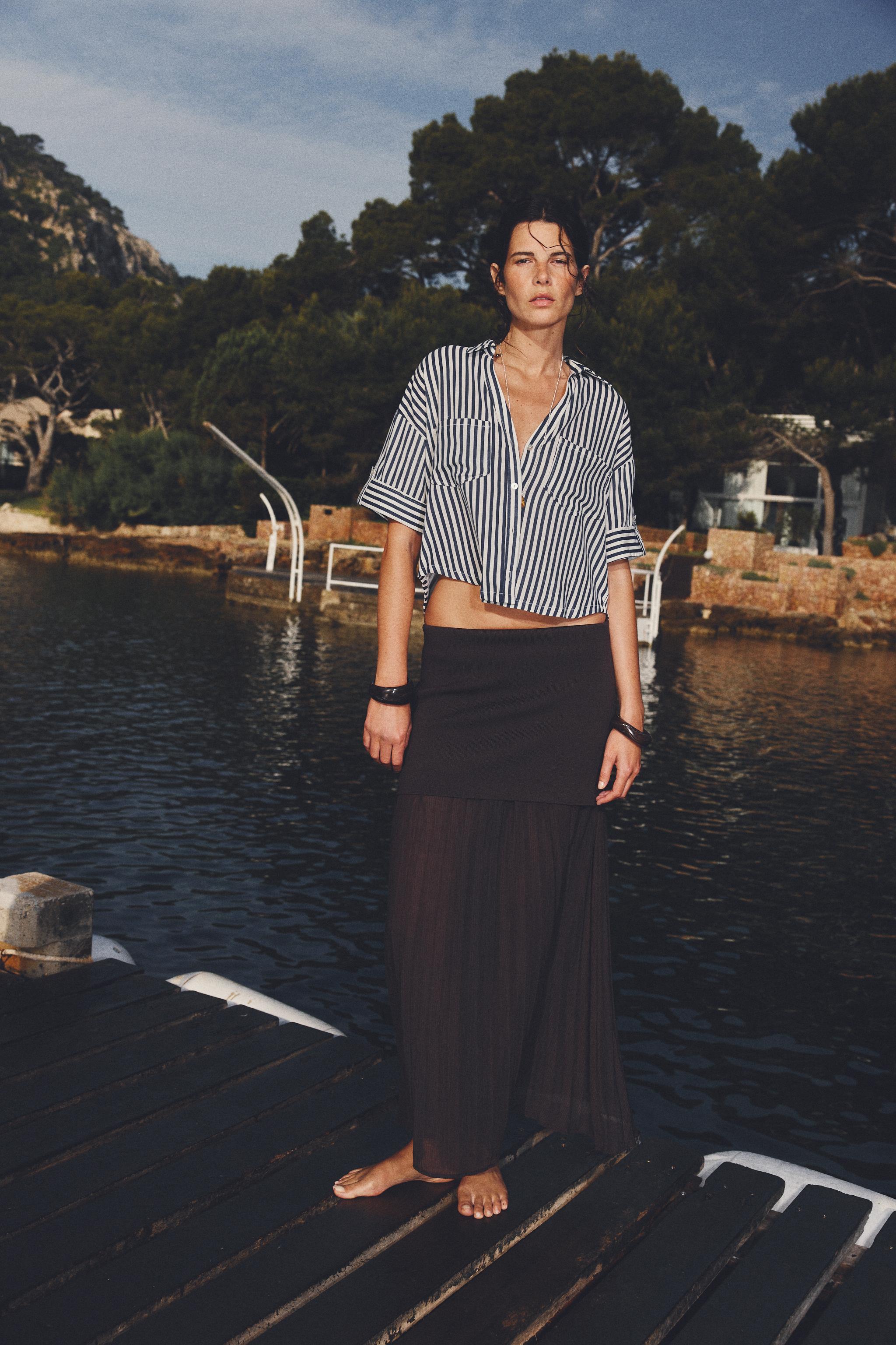 リネン混クロップド丈シャツ - 青色/白色 | ZARA Japan / 日本