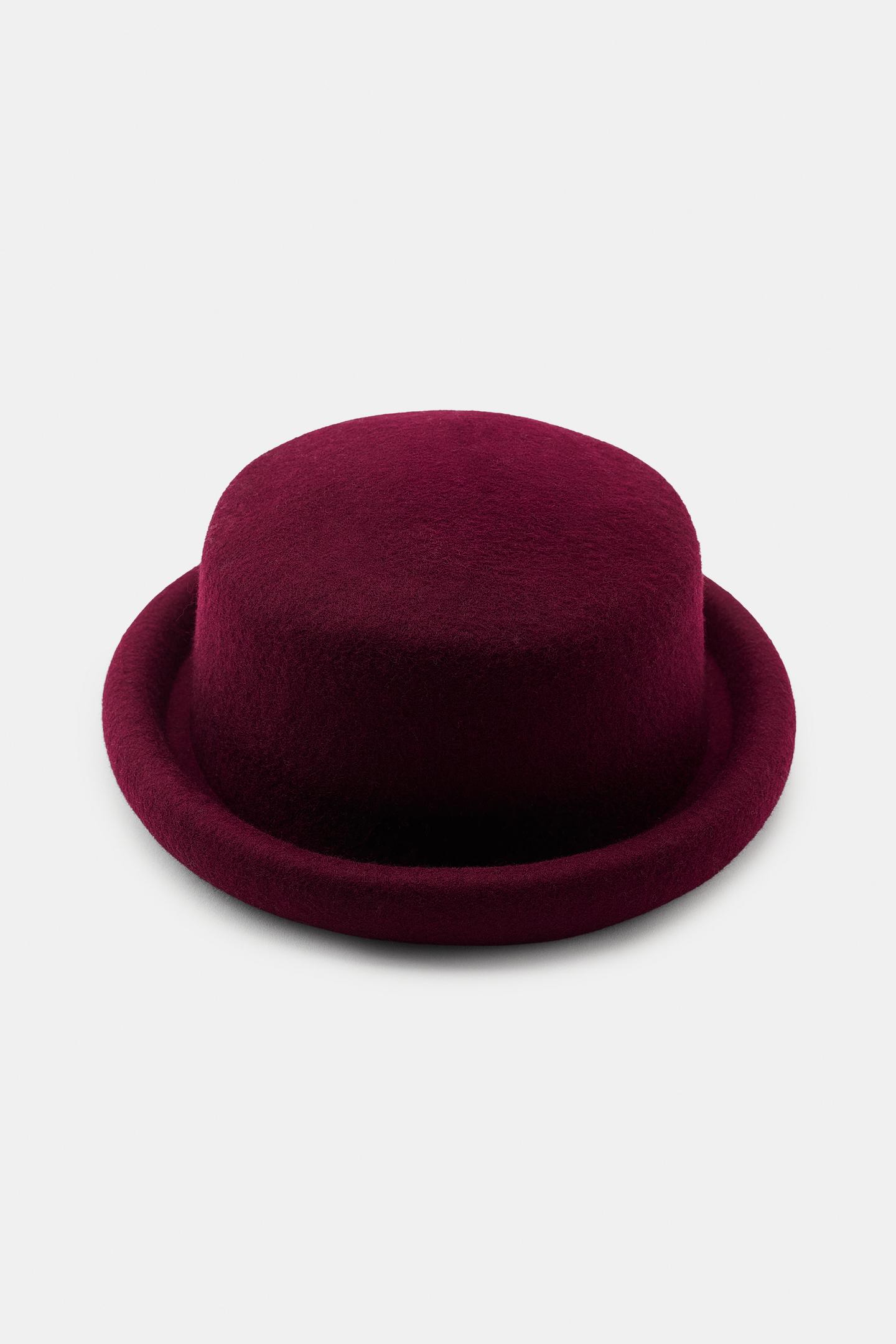 Женский головной убор Zara 100% Wool Bowler Hat, цвет: Тёмно-бордовый — фото 3