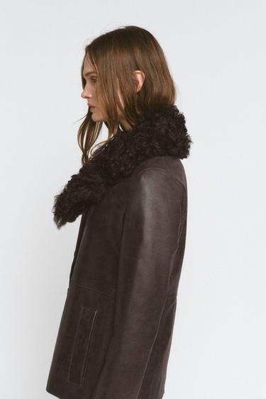 VESTE EN CUIR COL EFFET FOURRURE ZW COLLECTION ÉDITION LIMITÉE - Marron de Zara - Image 3