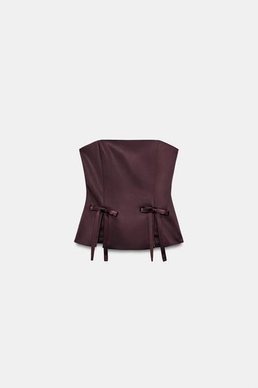 TOP SATINADO PALABRA DE HONOR LAZOS - Berenjena oscuro de Zara - Imagen 0