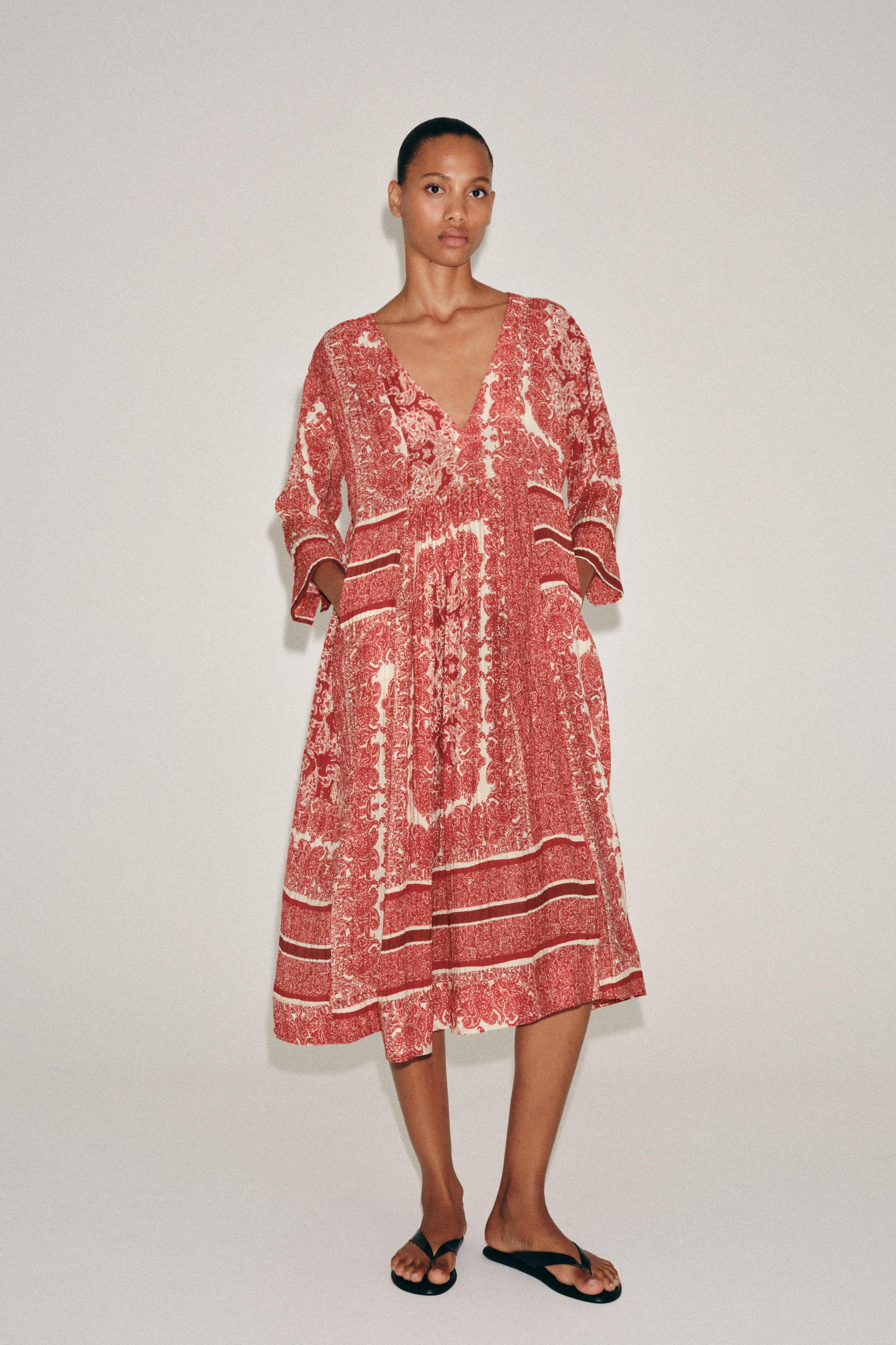 ヴィンテージワンピース ZW COLLECTION プリント柄 ミディワンピース - レッド | ZARA Japan / 日本